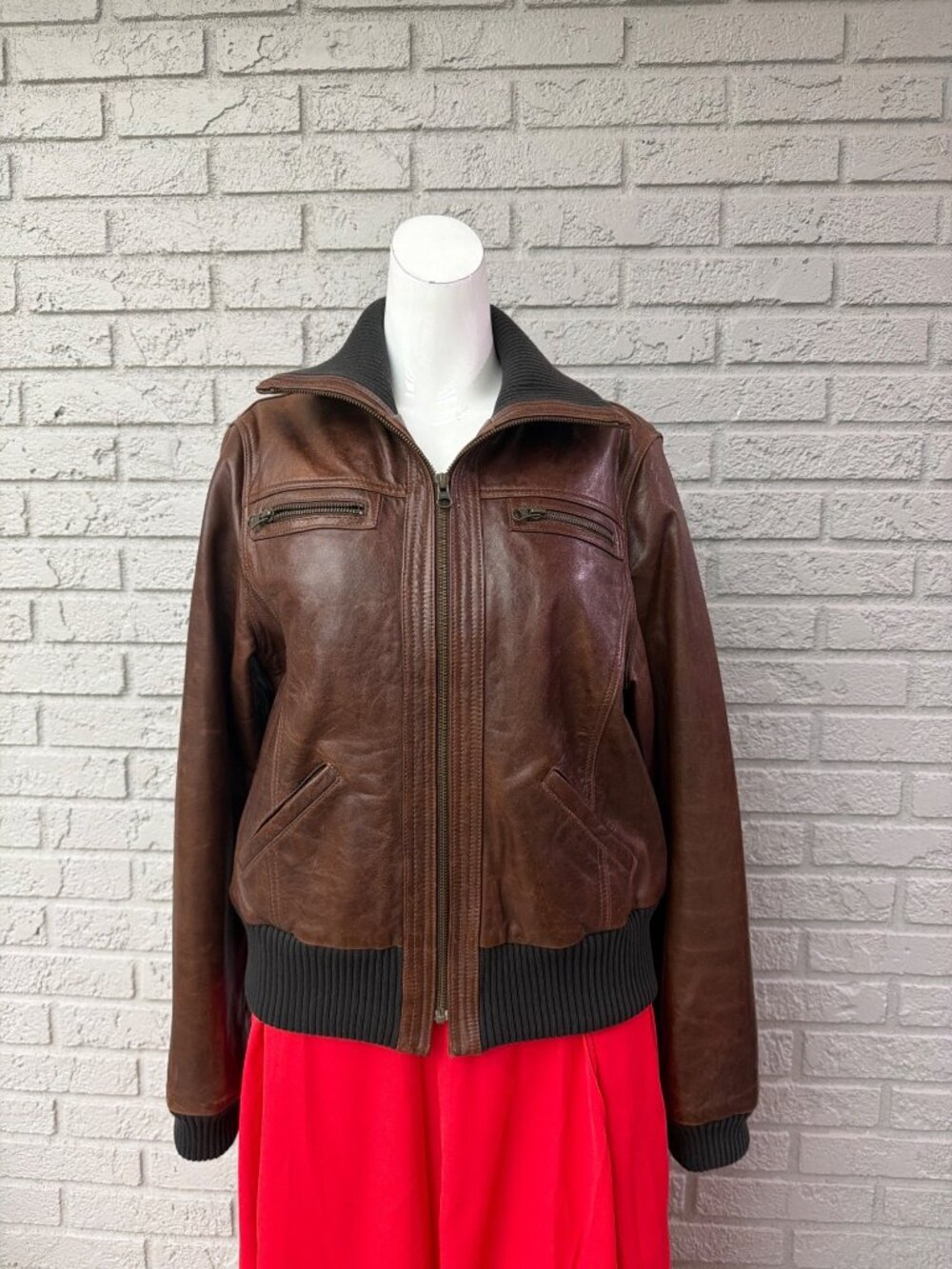 Chelsea & Violet Brown Leather Bomber Jacket Size L